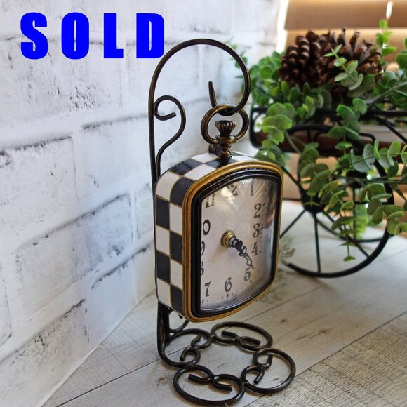 Checked Table Clock Hand Painted Whimsy Buffalo Check Mantle Clock Courtly Decor - Picture 1 of 12